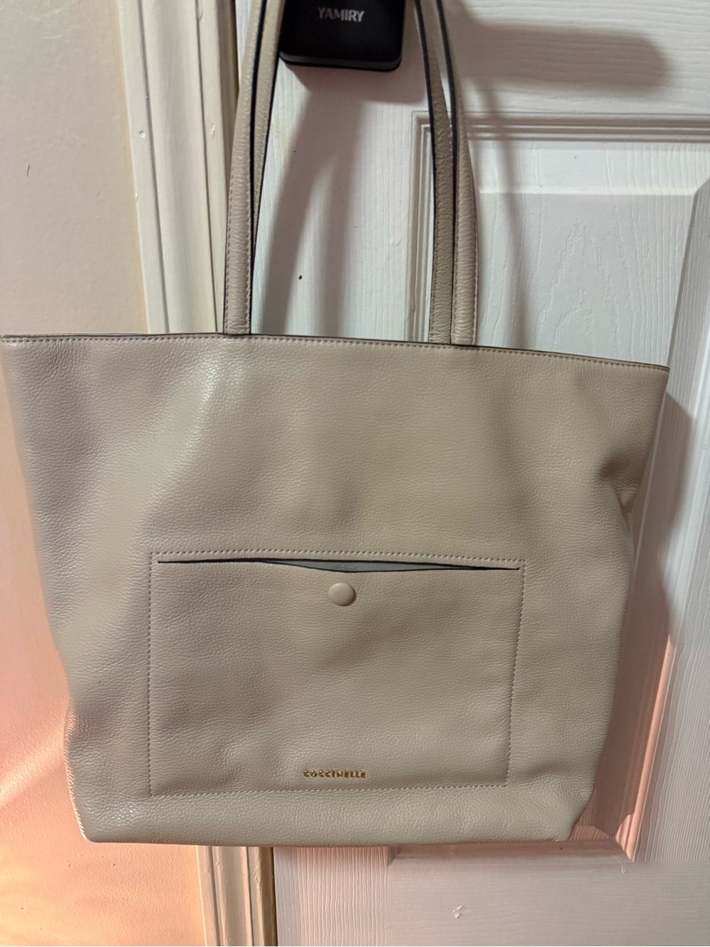 Coccinelle Light Taupe Greige Pebbled Leather Large Tote Bag
